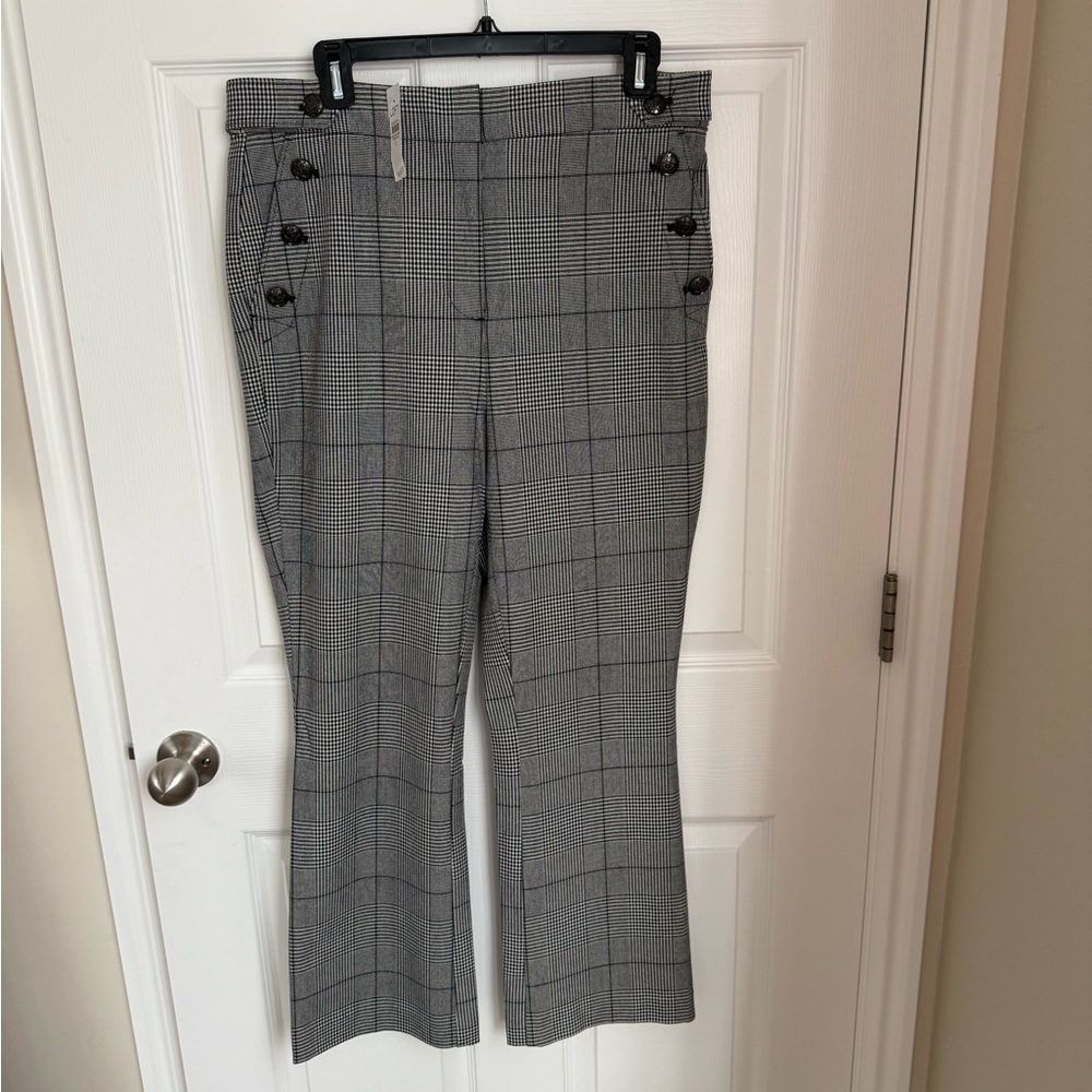 Gray Plaid Button-Detail Pants